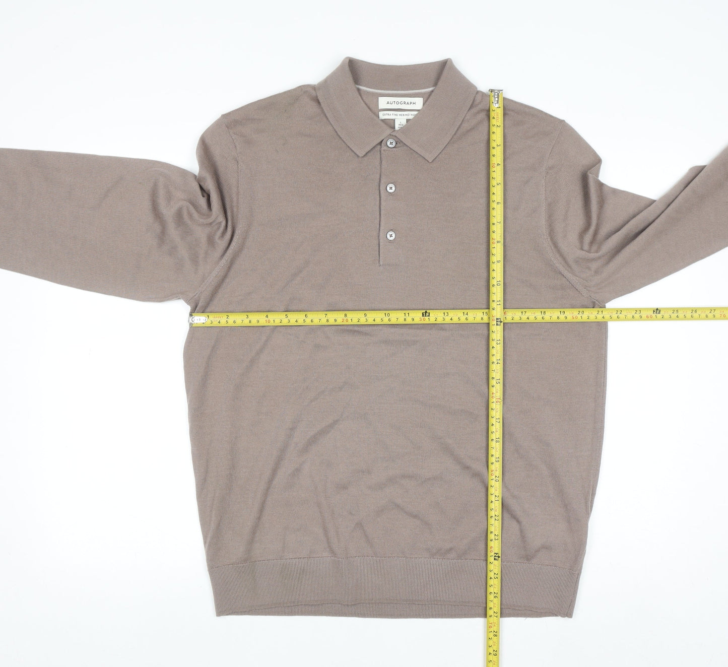 Marks and Spencer Men Beige Merino Wool Henley Jumper L
