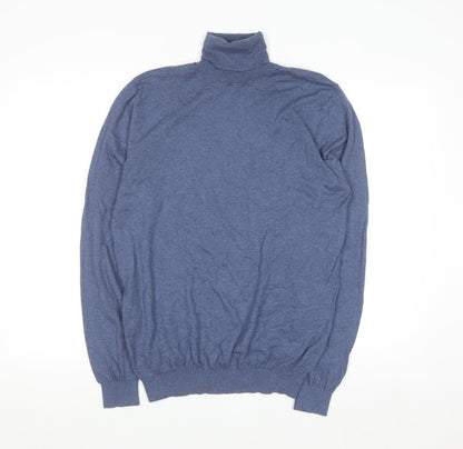 Massimo Dutti Men's Blue Roll Neck Jumper L Cotton Silk Cashmere