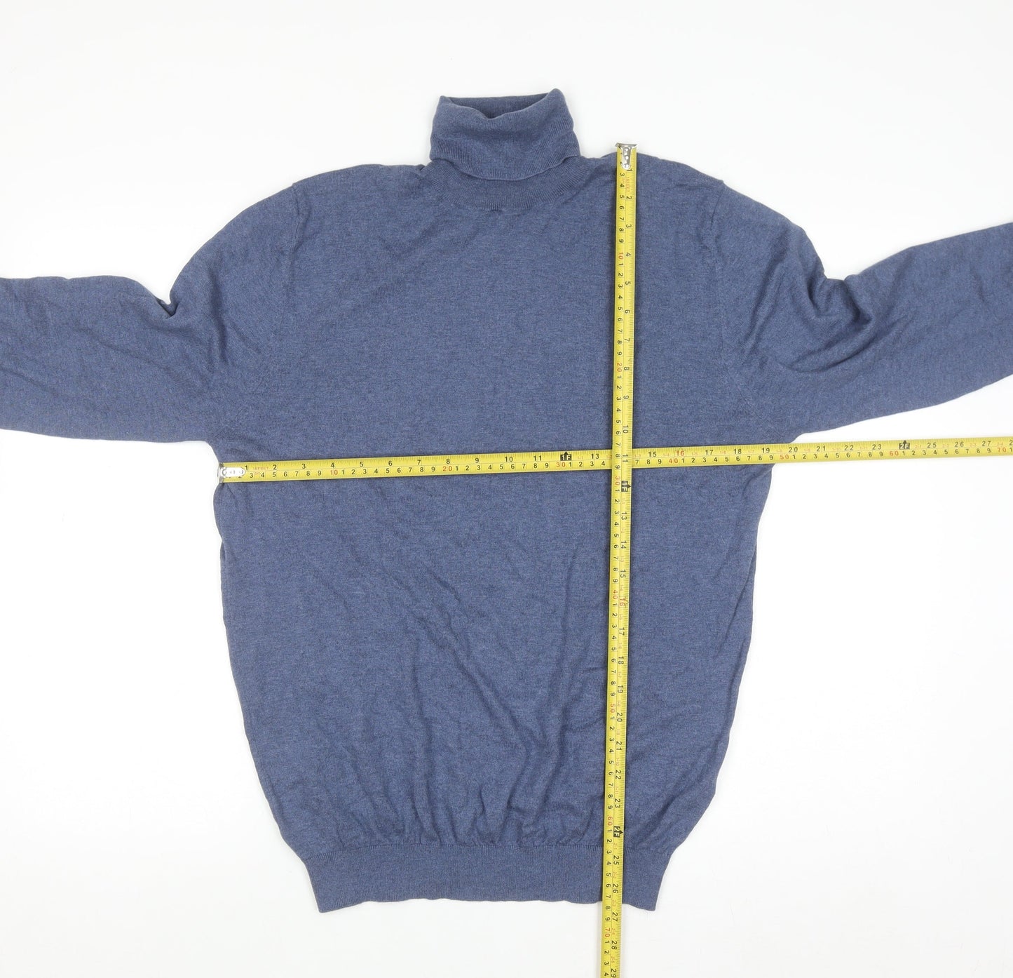 Massimo Dutti Men's Blue Roll Neck Jumper L Cotton Silk Cashmere