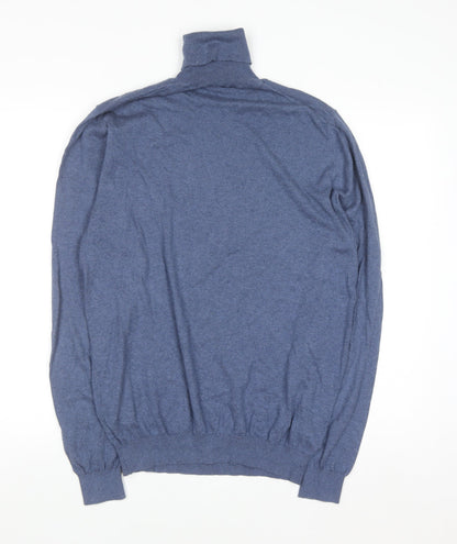 Massimo Dutti Men's Blue Roll Neck Jumper L Cotton Silk Cashmere