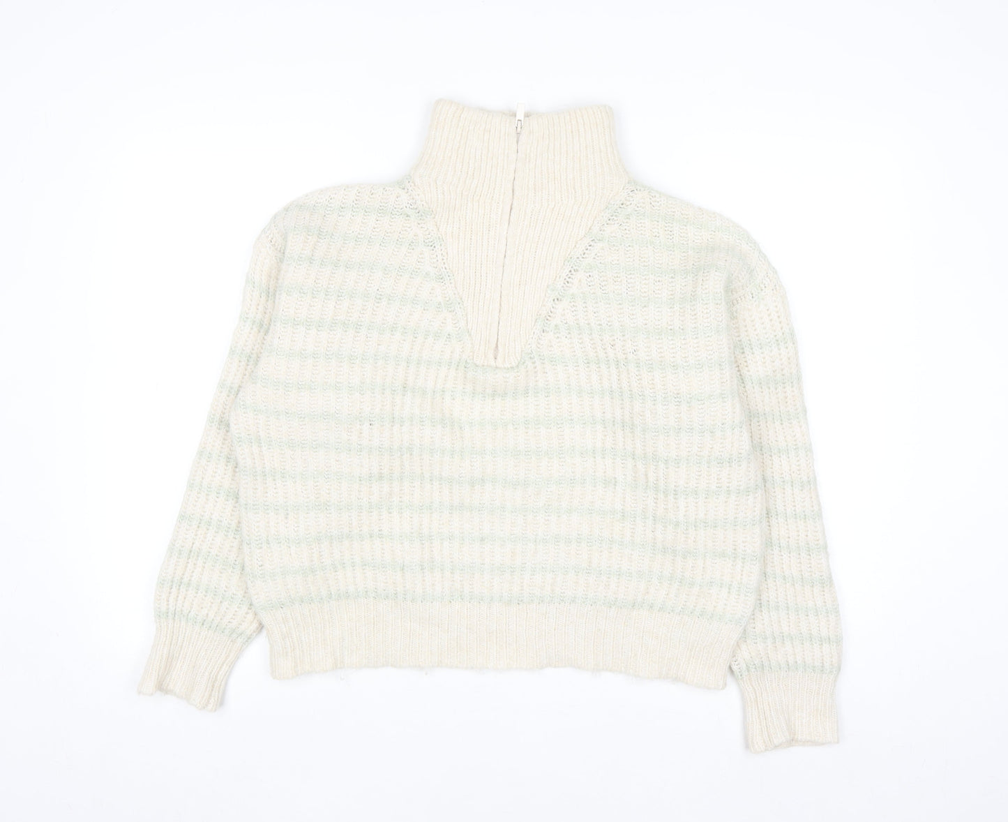 MNG Women's Beige Chunky Knit Wool Blend Half Zip Jumper Size S