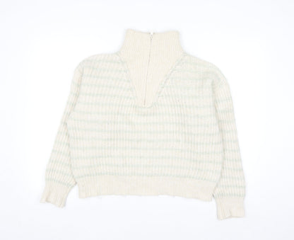MNG Women's Beige Chunky Knit Wool Blend Half Zip Jumper Size S