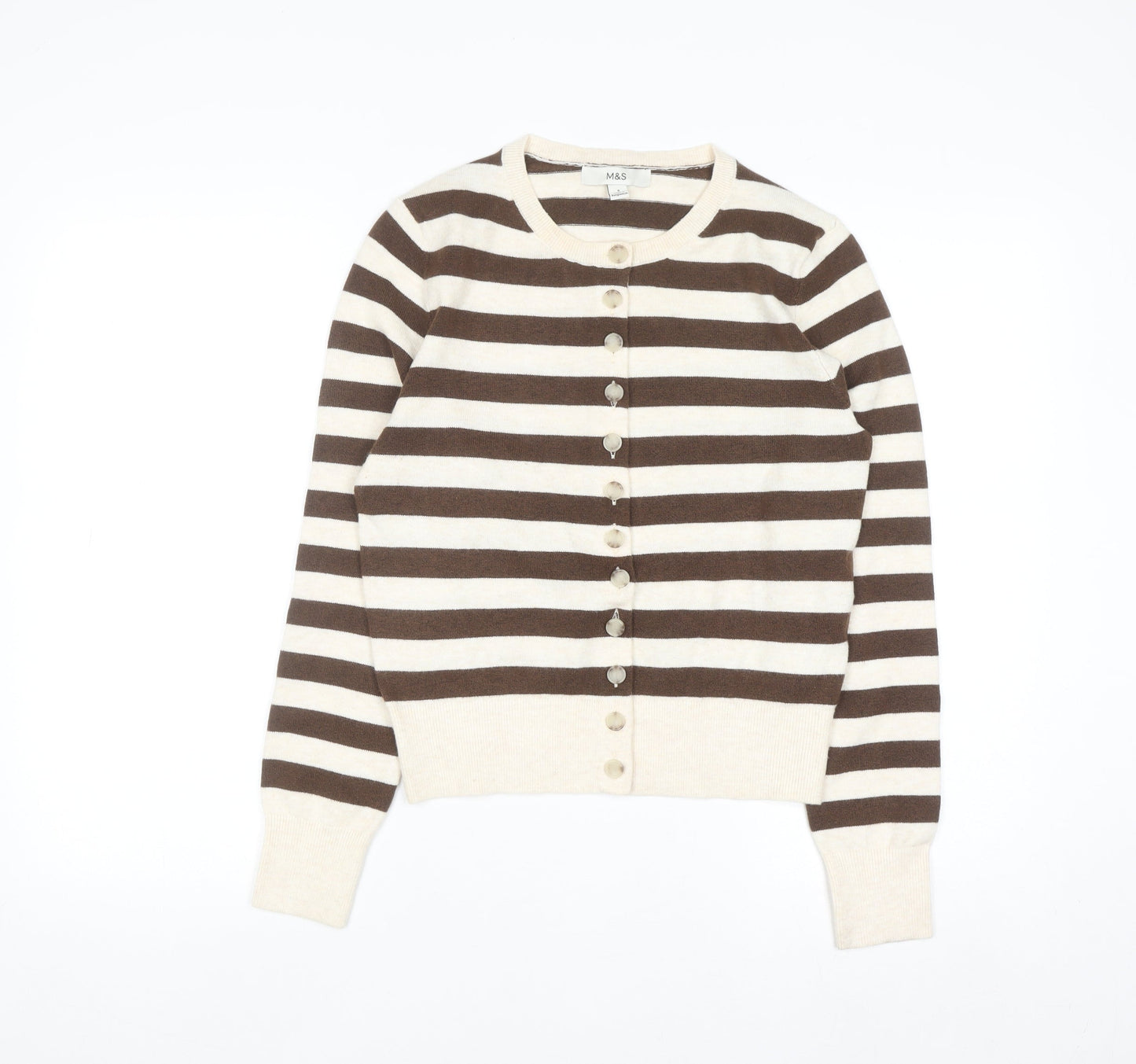 Marks and Spencer Women Brown Striped Crew Neck Cardigan Size S