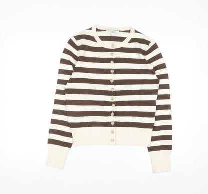 Marks and Spencer Women Brown Striped Crew Neck Cardigan Size S