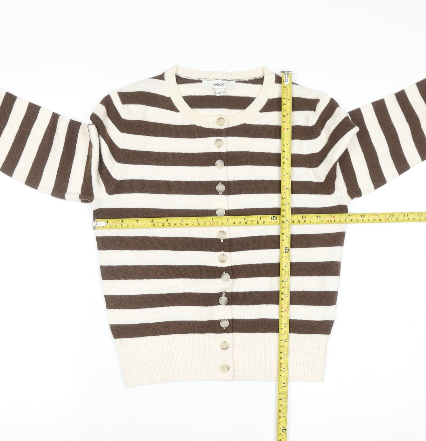 Marks and Spencer Women Brown Striped Crew Neck Cardigan Size S