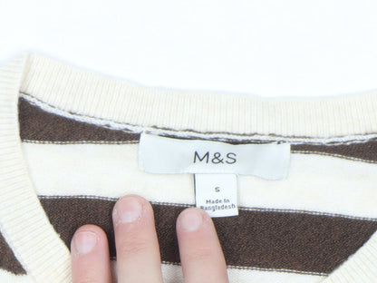 Marks and Spencer Women Brown Striped Crew Neck Cardigan Size S