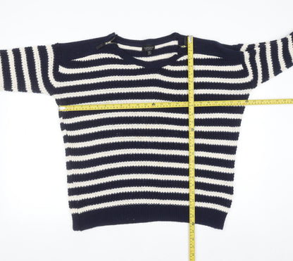 Topshop Women's Blue Striped Open-Knit Boat Neck Jumper Size 12