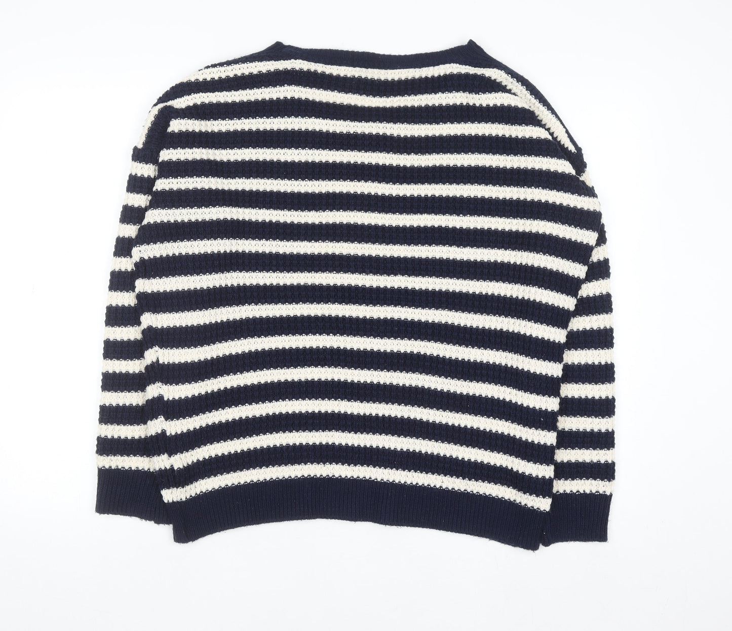 Topshop Women's Blue Striped Open-Knit Boat Neck Jumper Size 12
