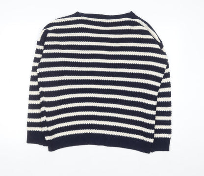 Topshop Women's Blue Striped Open-Knit Boat Neck Jumper Size 12