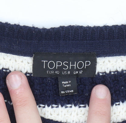 Topshop Women's Blue Striped Open-Knit Boat Neck Jumper Size 12