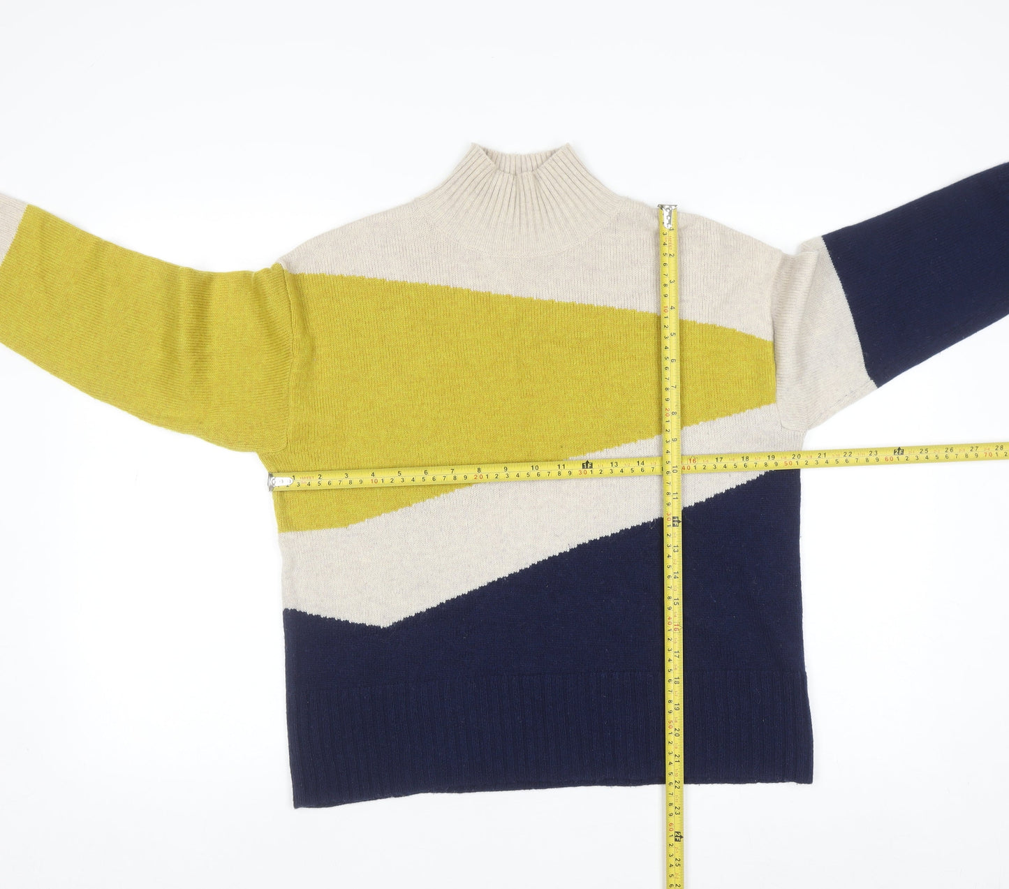 Marks and Spencer Per Una Women's Beige Yellow Navy Mock Neck Jumper Size 12