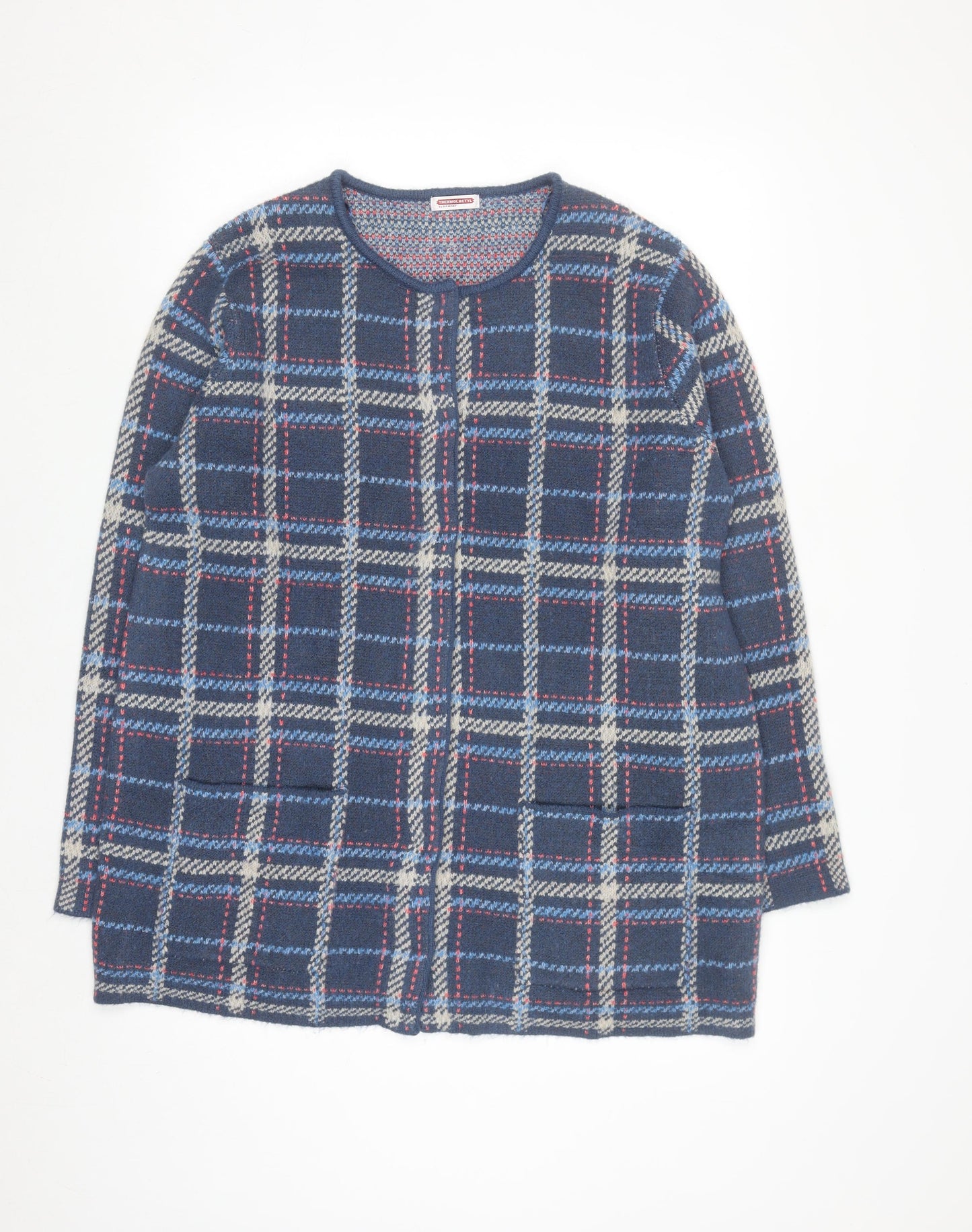 Damart Men's Blue Check Knit Cardigan L Classic Crew Neck