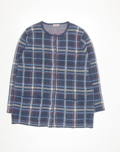 Damart Men's Blue Check Knit Cardigan L Classic Crew Neck