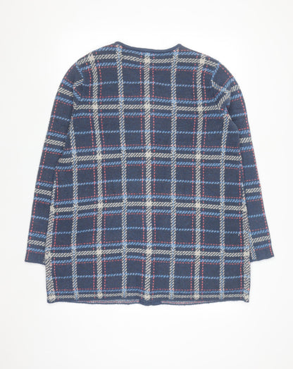 Damart Men's Blue Check Knit Cardigan L Classic Crew Neck