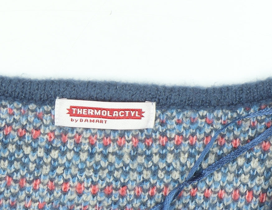 Damart Men's Blue Check Knit Cardigan L Classic Crew Neck