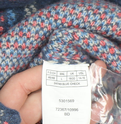 Damart Men's Blue Check Knit Cardigan L Classic Crew Neck