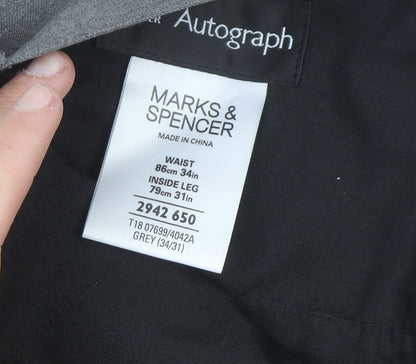 Marks and Spencer Men Grey Wool Dress Pants 34W 31L Regular Fit