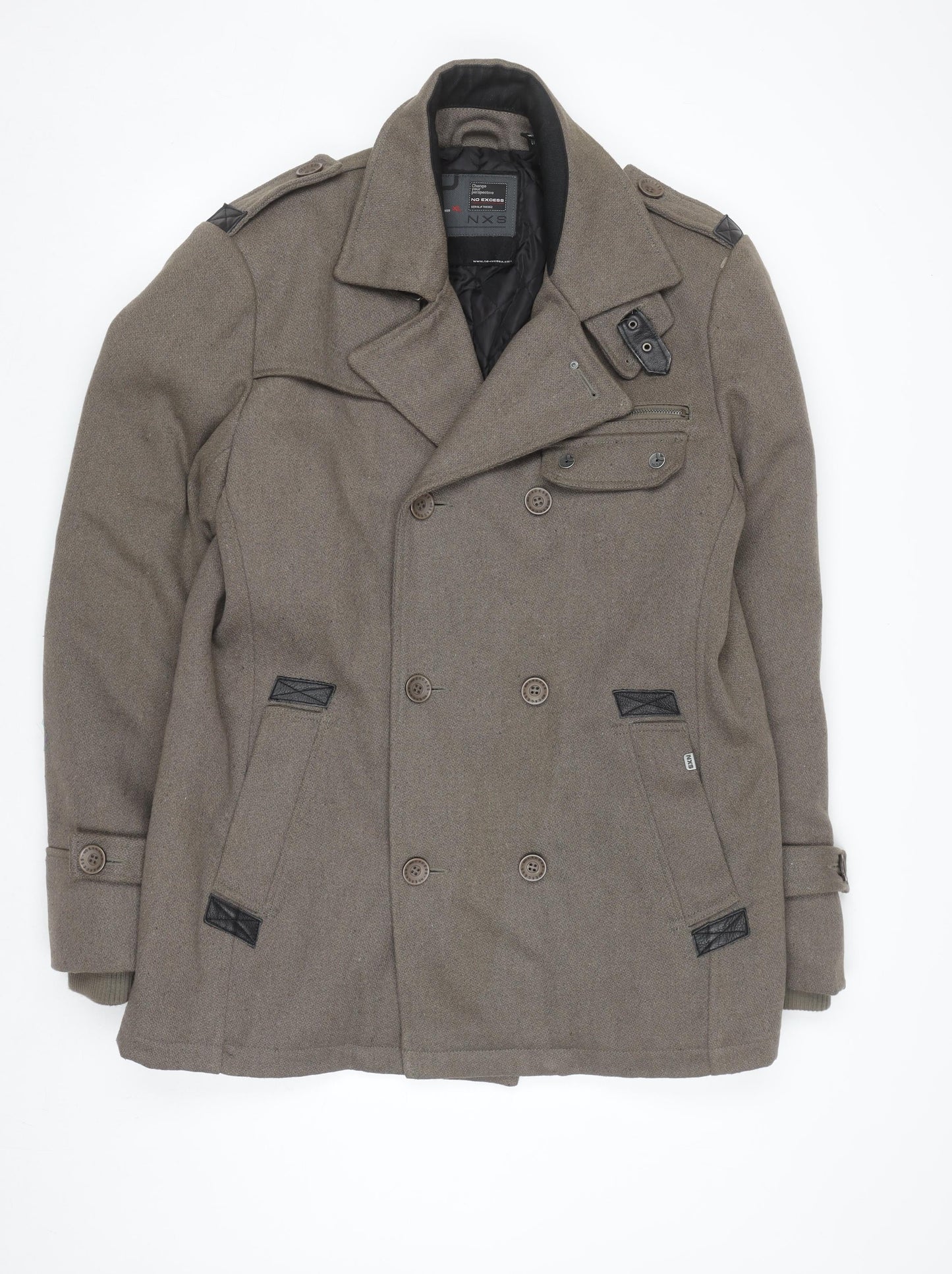 No Excess Men's Brown Wool Blend Pea Coat XL Classic Style
