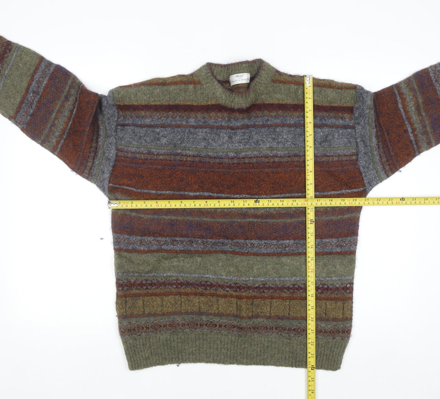 Marks and Spencer Men's Green Striped Wool Blend Pullover Jumper M