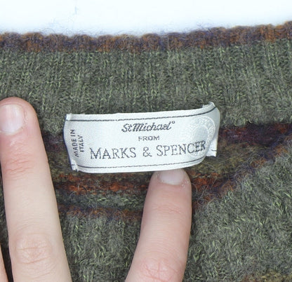 Marks and Spencer Men's Green Striped Wool Blend Pullover Jumper M