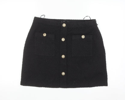 New Look Womens Black Size 14 A-Line Mini Skirt with Gold Buttons
