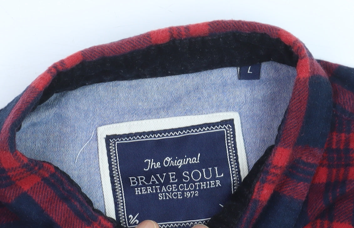 Brave Soul Men's Red Navy Flannel Check Button-Up Shirt Size L