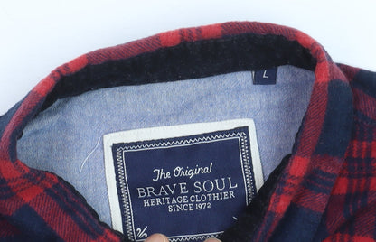 Brave Soul Men's Red Navy Flannel Check Button-Up Shirt Size L