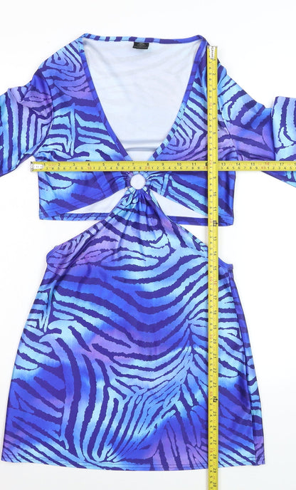 Fearlesss Women Blue Animal Print Bodycon Cut Out Dress Size S