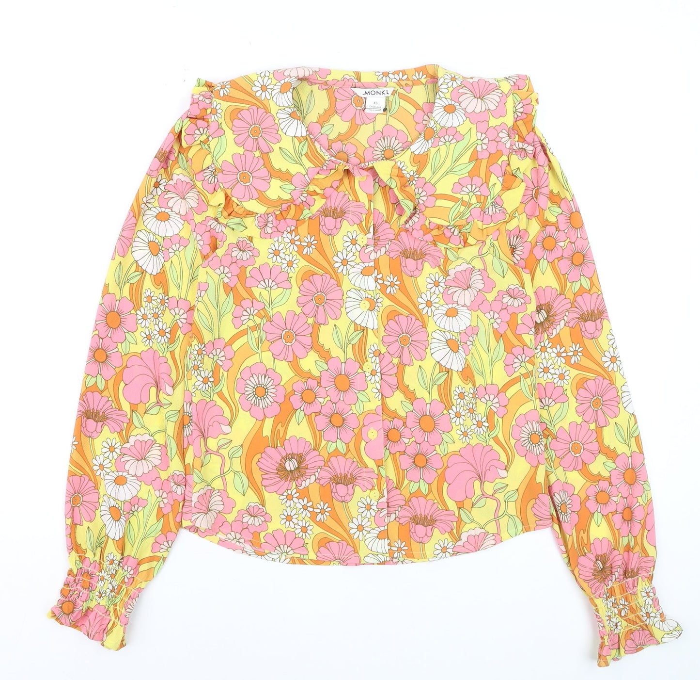 Monki Women's Multicoloured Floral Ruffle Collar Tunic Blouse XS