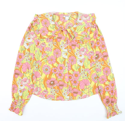 Monki Women's Multicoloured Floral Ruffle Collar Tunic Blouse XS