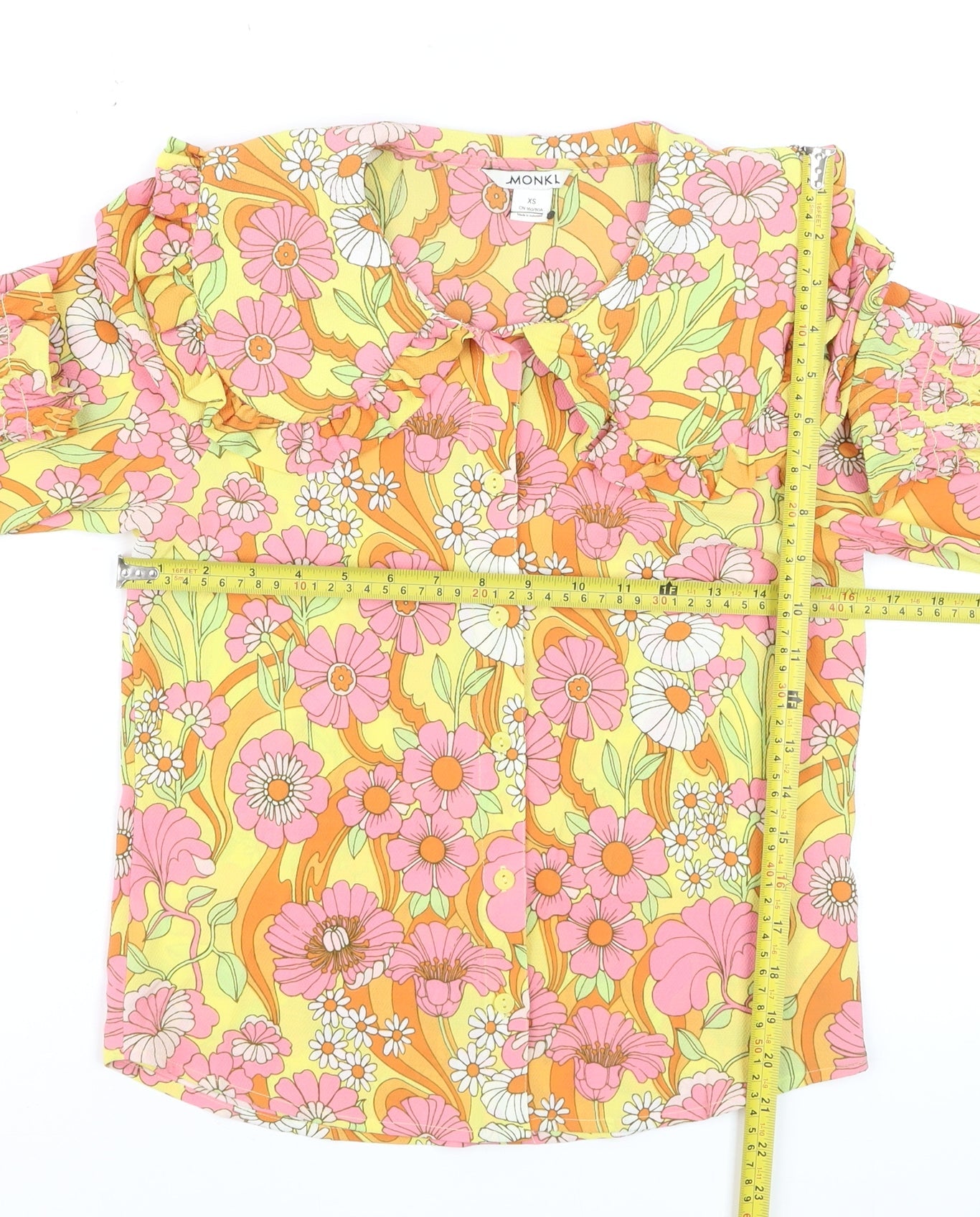 Monki Women's Multicoloured Floral Ruffle Collar Tunic Blouse XS