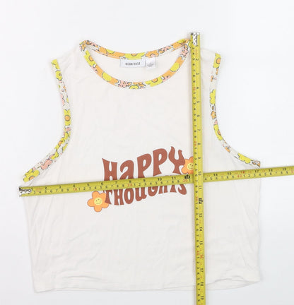 Neon Rose Womens White Cropped Tank Top M Retro Flower Print