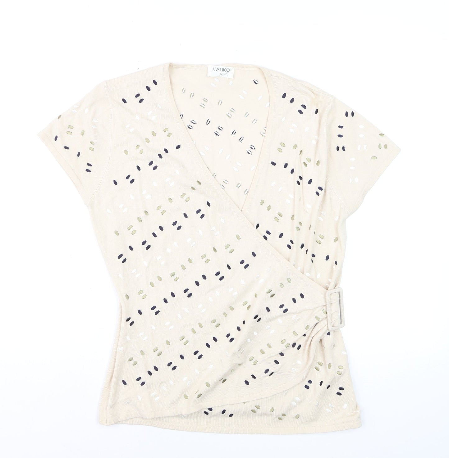 Kaliko Women's Beige Wrap Blouse Top Size 14 Short Sleeve Buckle Detail
