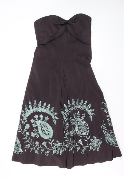 Monsoon Women Brown Embroidered Strapless A-Line Dress Size 12