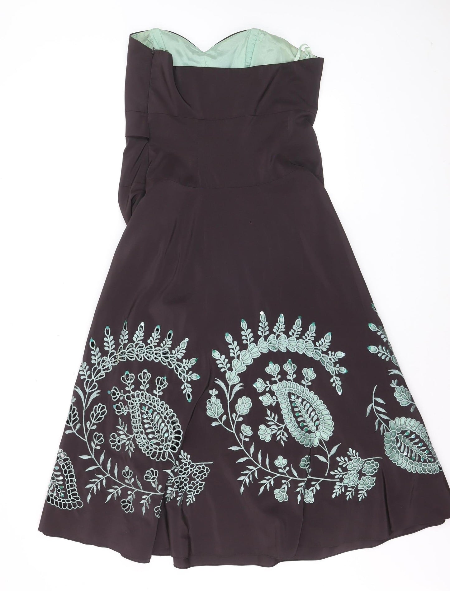 Monsoon Women Brown Embroidered Strapless A-Line Dress Size 12