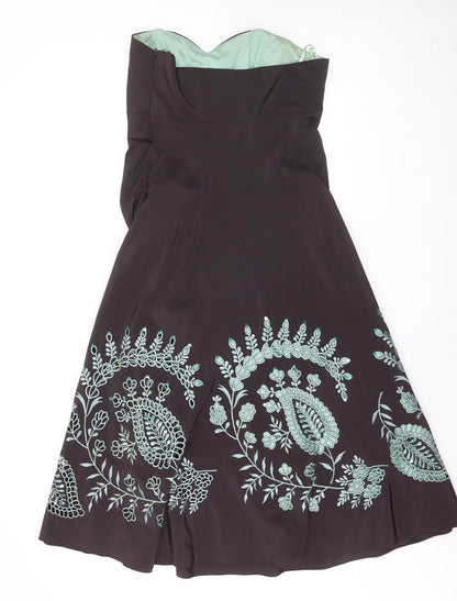 Monsoon Women Brown Embroidered Strapless A-Line Dress Size 12