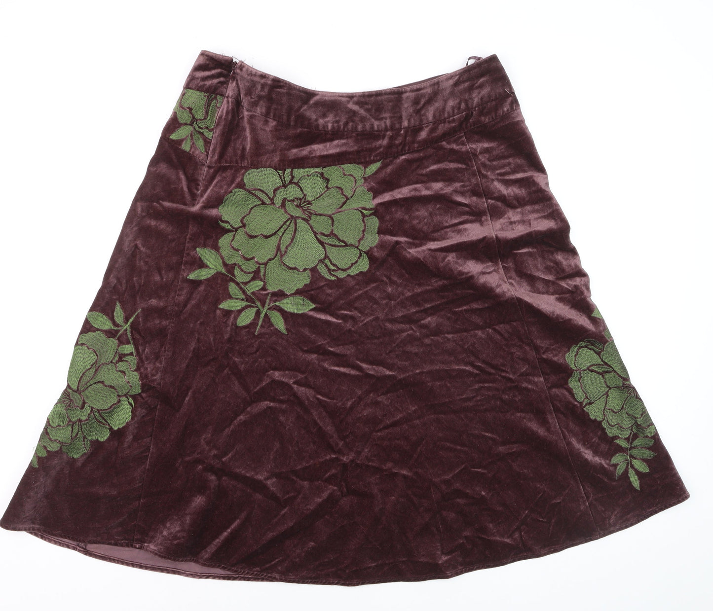 Monsoon Womens Brown Velvet A-Line Embroidered Skirt Size 14