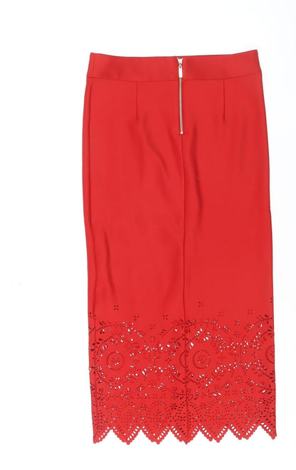 Next Women Red Midi Pencil Skirt Size 8 Stretch High Waist Elegant