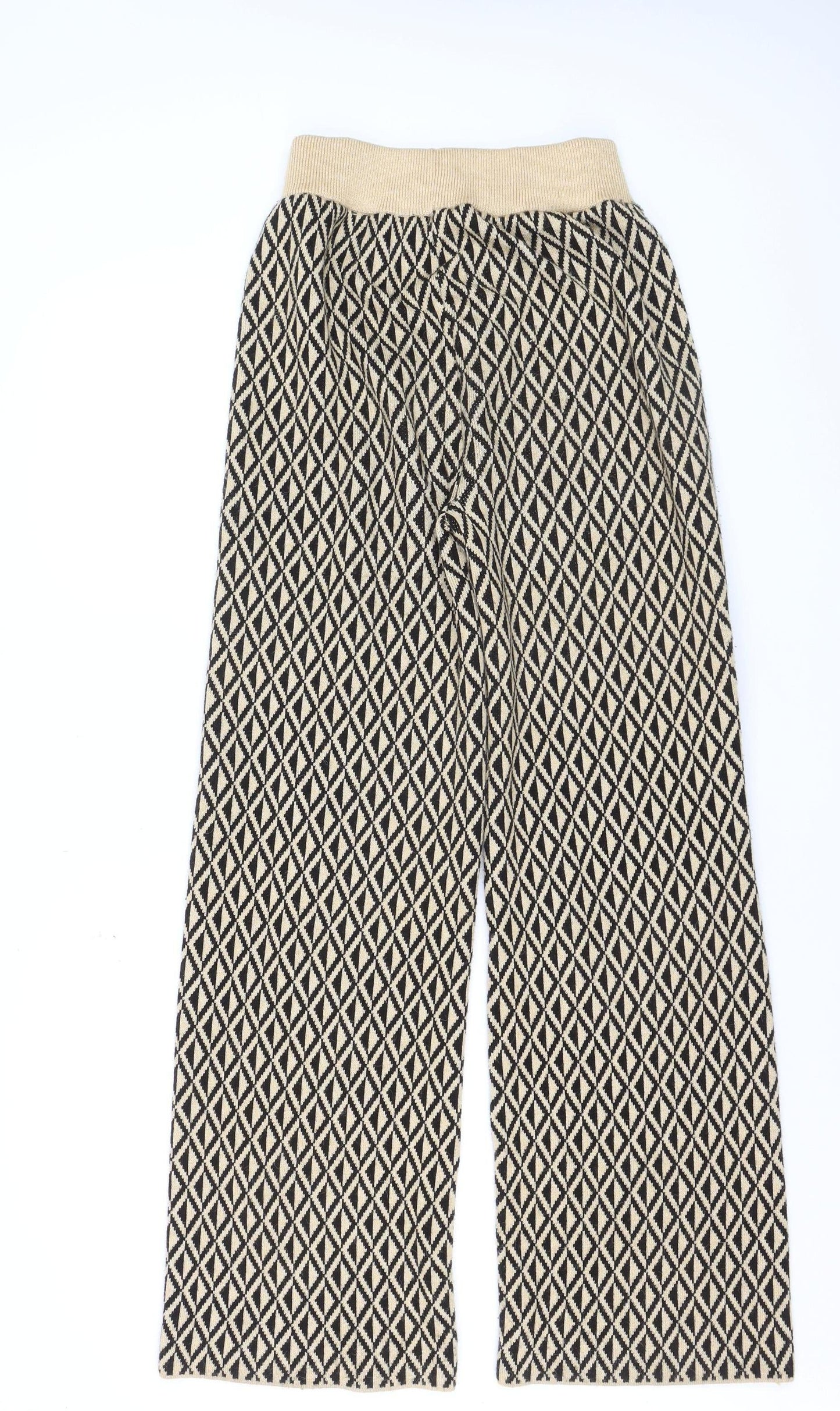 Primark Women's Beige Geometric Wide-Leg Knit Trousers Size 6/8