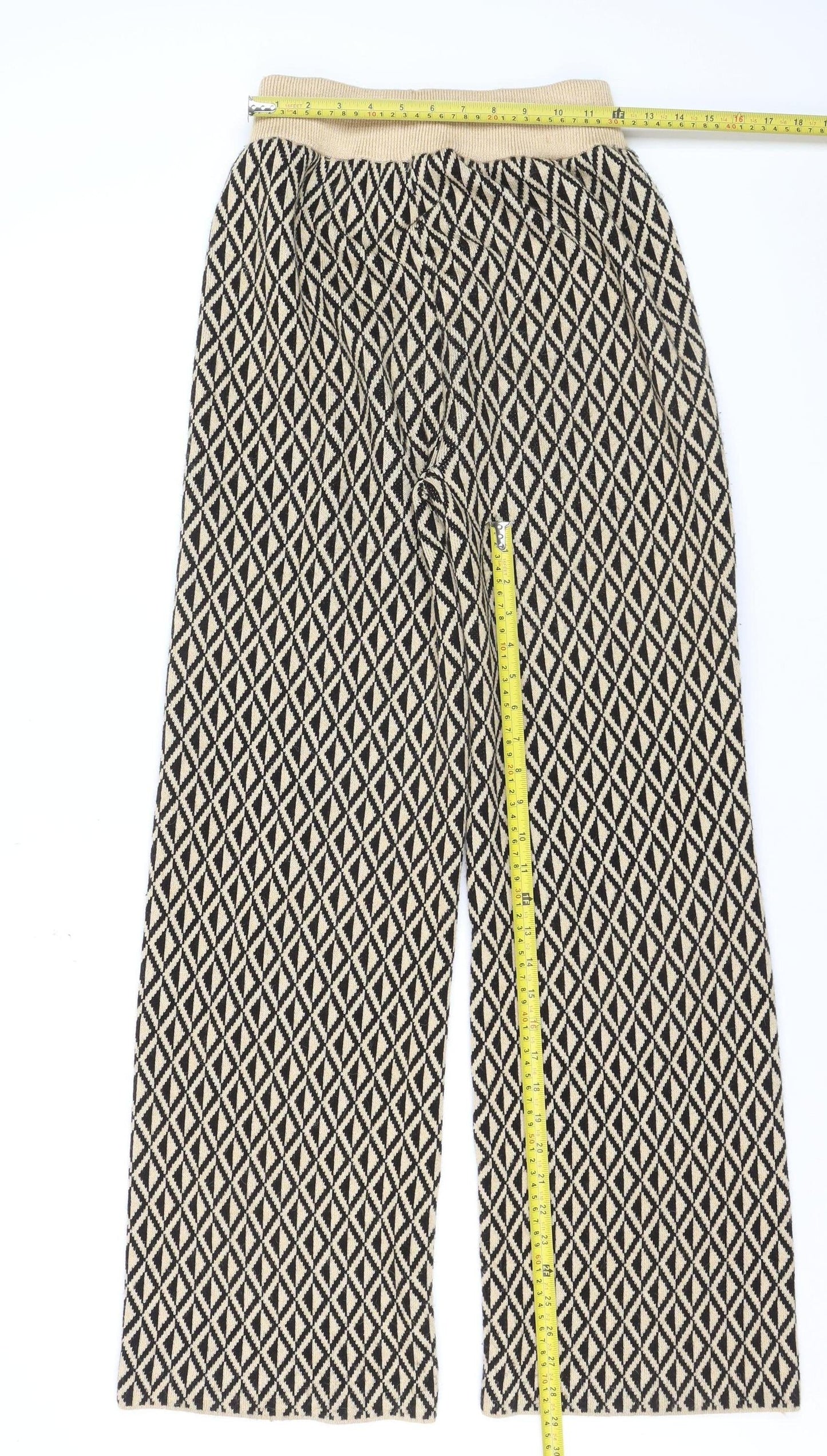 Primark Women's Beige Geometric Wide-Leg Knit Trousers Size 6/8