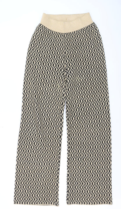 Primark Women's Beige Geometric Wide-Leg Knit Trousers Size 6/8