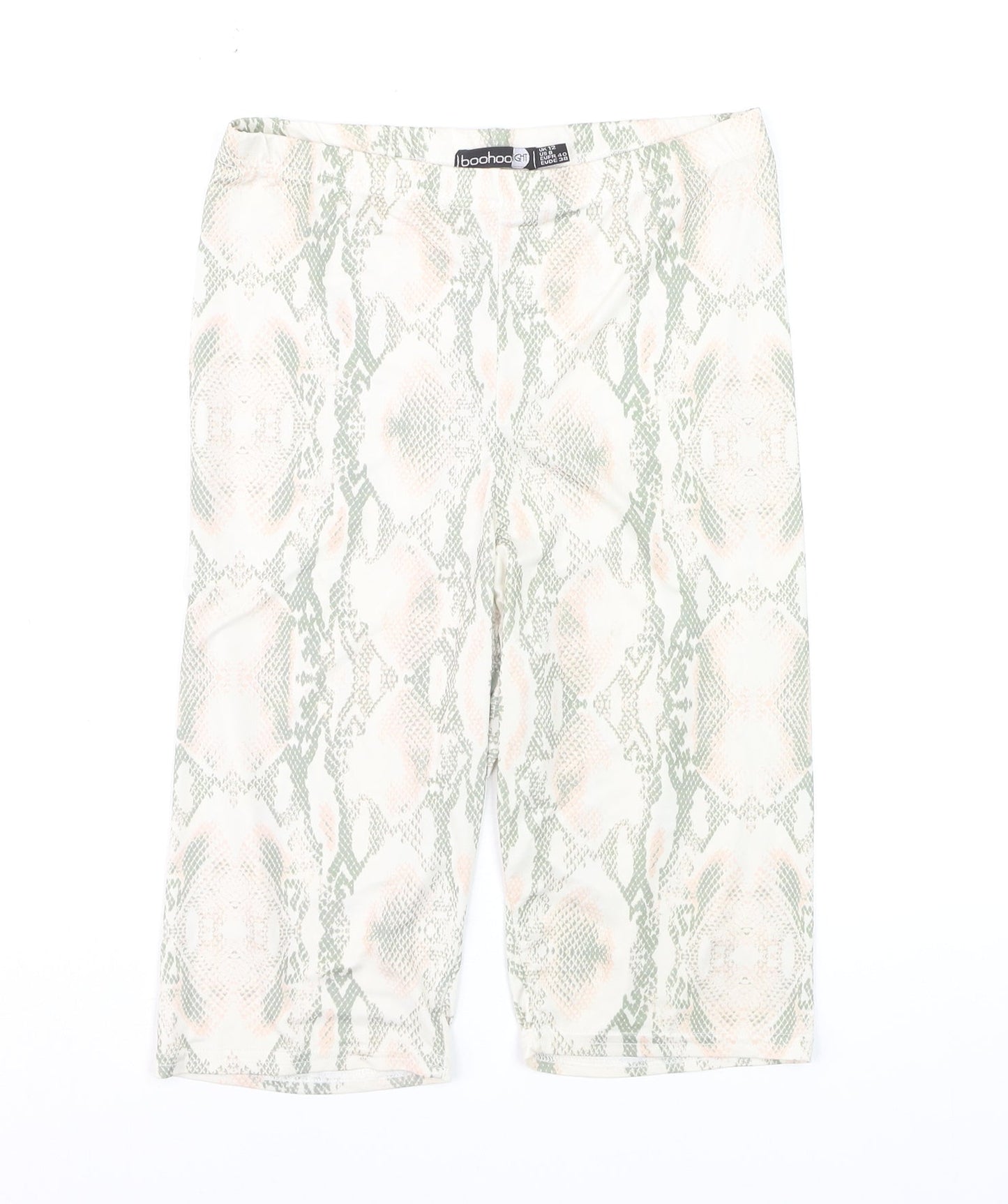 Boohoo Women Beige Green Animal Print Biker Shorts Size 12