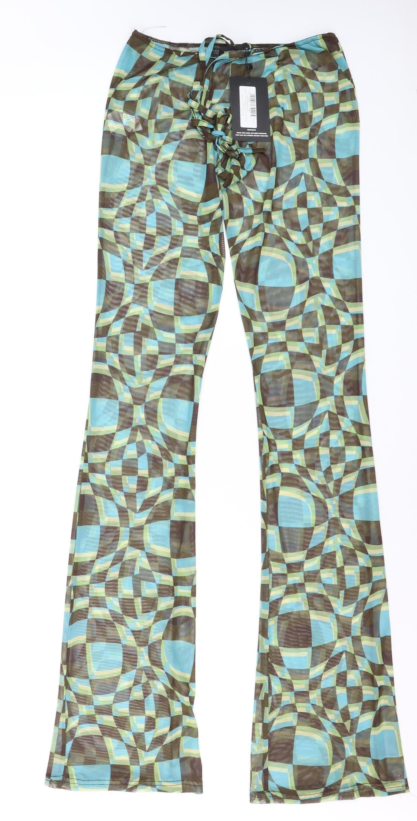PrettyLittleThing Women Green Geometric Mesh Flared Trousers Size 8