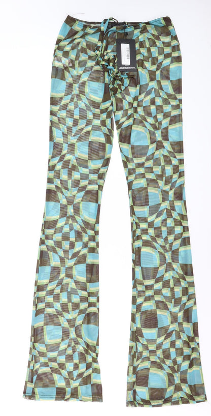 PrettyLittleThing Women Green Geometric Mesh Flared Trousers Size 8