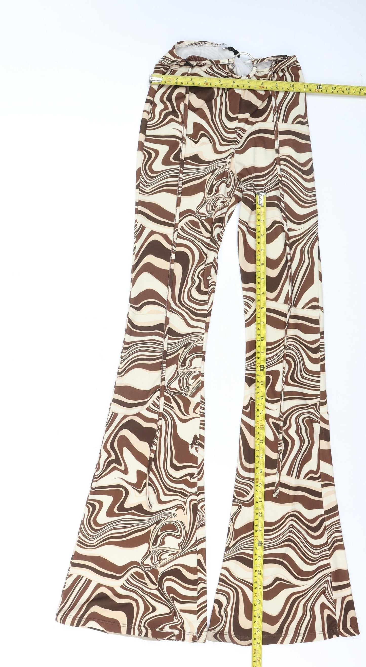 Bershka Women Brown Flared Trousers XS Retro Geometric Stretch