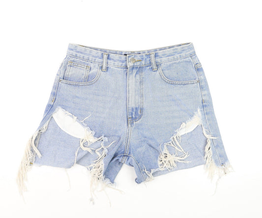 MOMOKROM Women Blue High Rise Distressed Cut-Off Denim Shorts Size 10