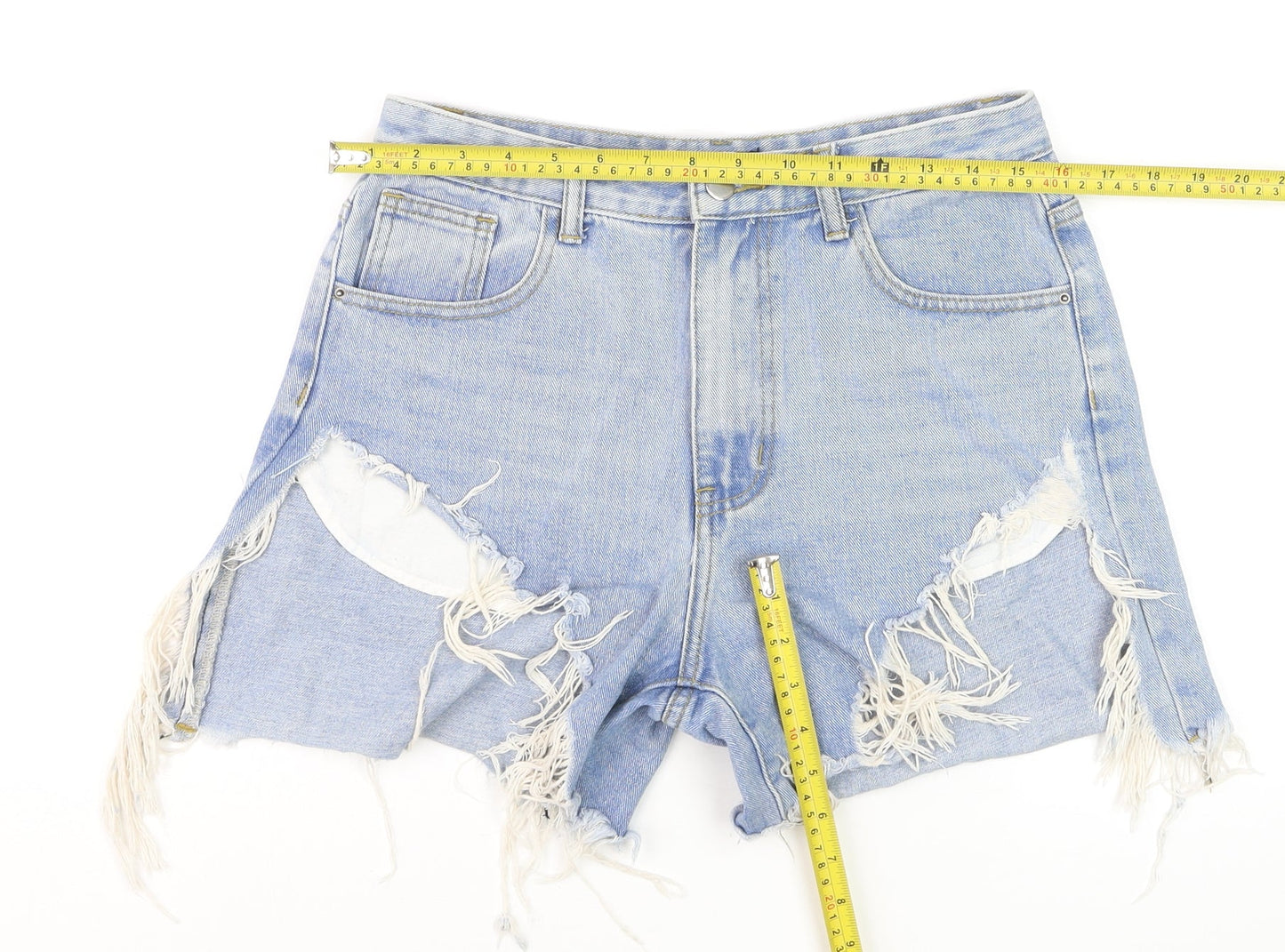 MOMOKROM Women Blue High Rise Distressed Cut-Off Denim Shorts Size 10