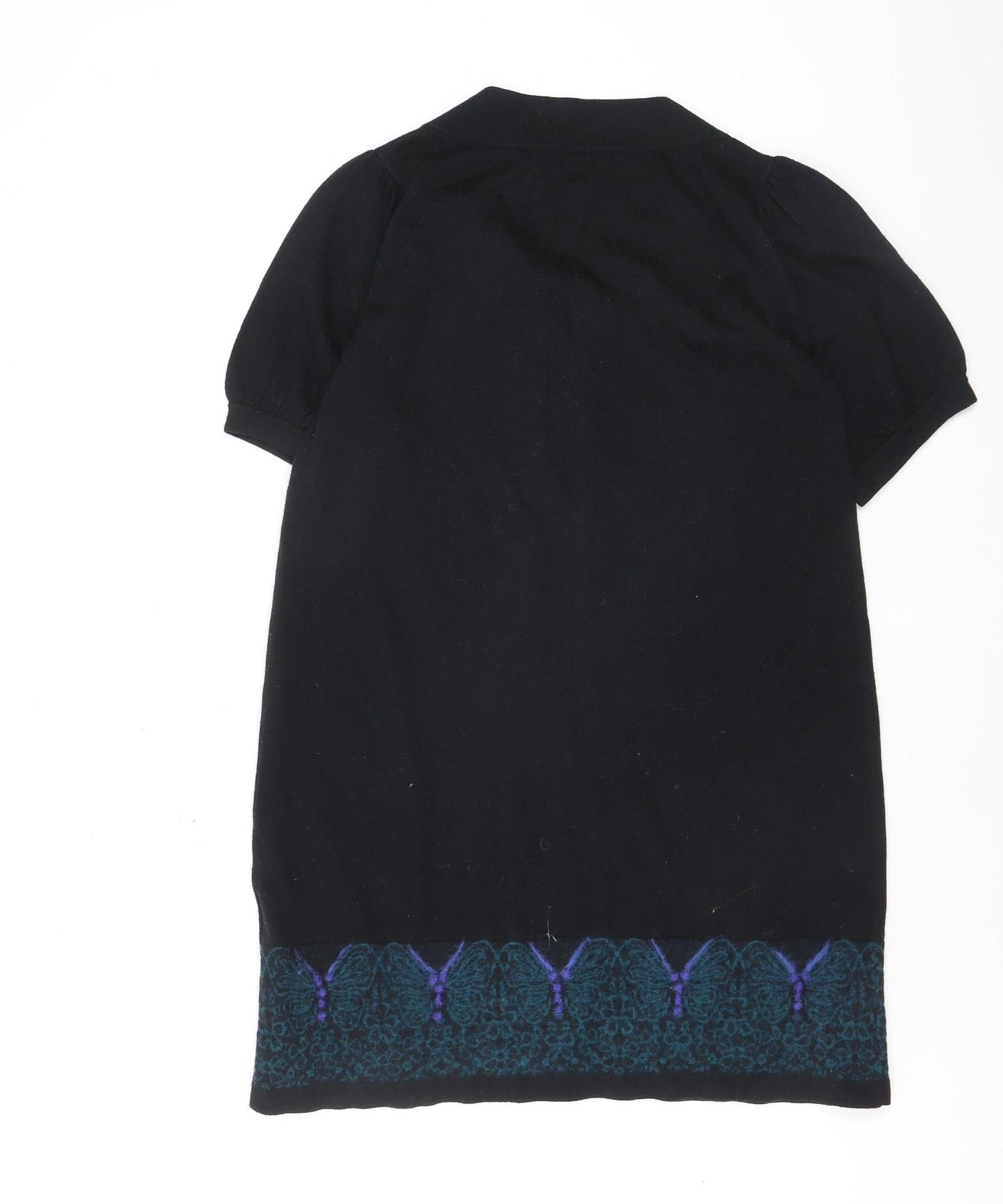 Derhy Women Black Wool Tunic Jumper L Butterfly Print Short Sleeve