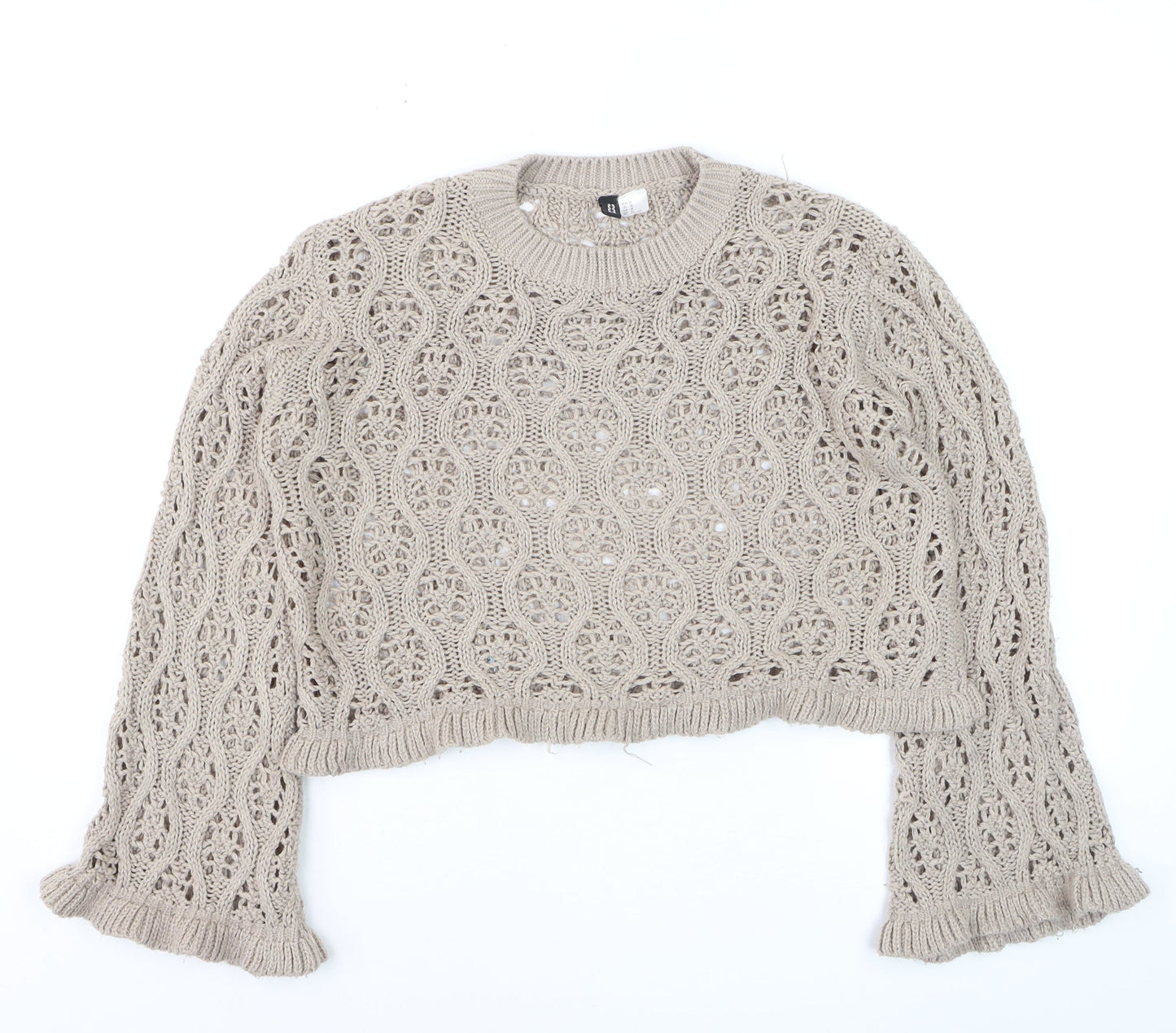 DIVIDED Womens Beige Open-Knit Ruffle Sleeve Cotton Jumper Size 12