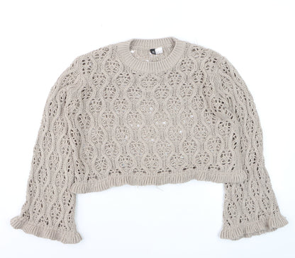 DIVIDED Womens Beige Open-Knit Ruffle Sleeve Cotton Jumper Size 12